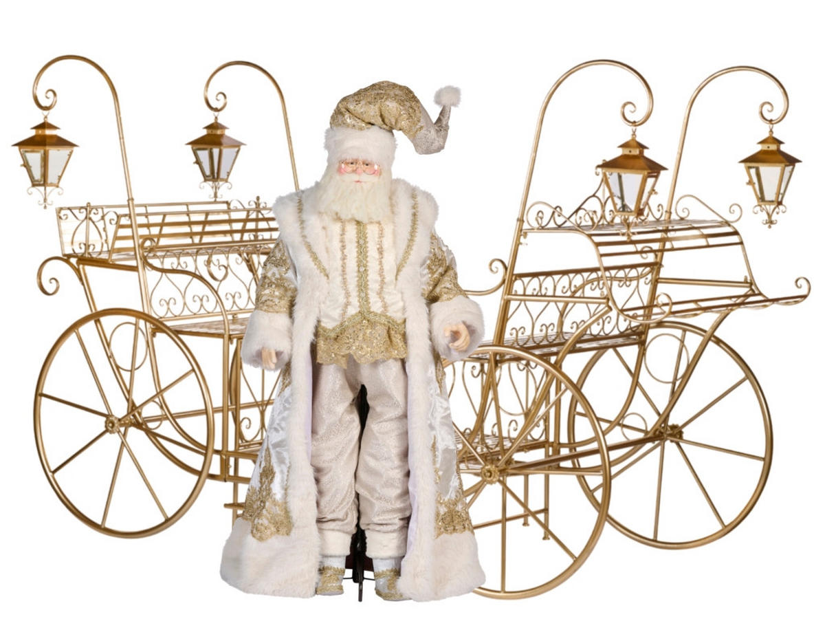 WEIHNACHTSDEKORATIONEN 2er-Set lebensgroßer Weihnachtsmann mit Schlitten - Goldfarben/Weiß, Kunststoff/Textil (191/87/290cm) - LAALU