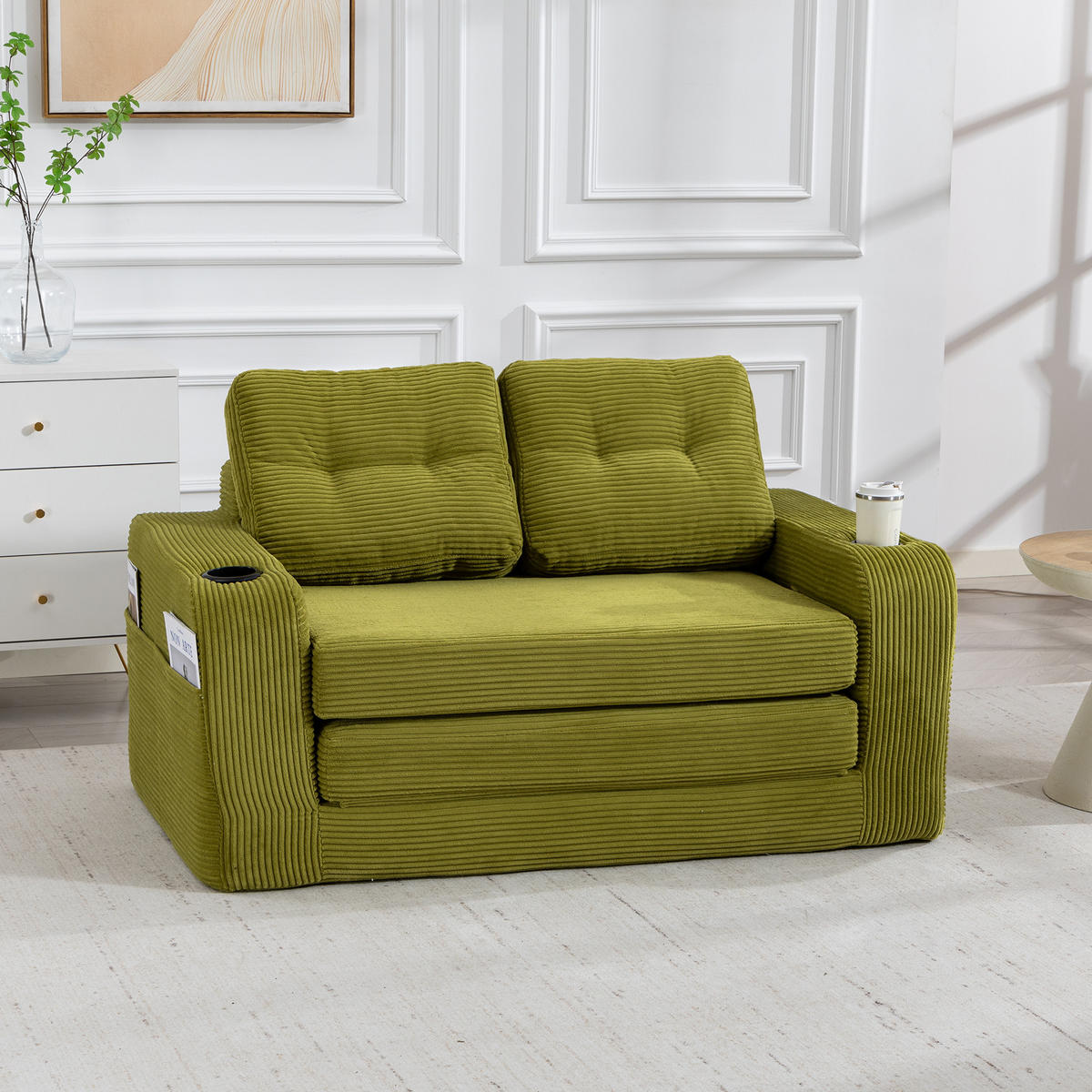 SCHLAFSOFA in Olive Cord mit Getränkehalter und Seitentaschen - Olivgrün, Textil (136/82.5/80cm) - Oxeza
