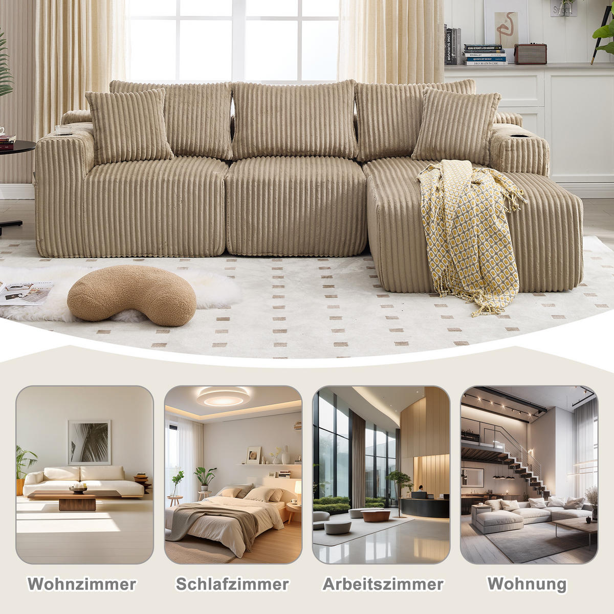 MODULARES Sofa-Set Cord mit Chaiselongue und 2-Sitzer Getränkehalter und Seitentaschen 257/90 160/62 cm Sandfarben - Sandfarben, Textil (160/257cm) - Redom