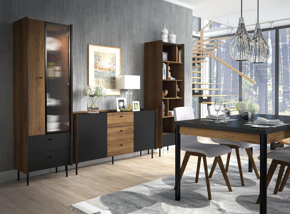 KOMMODE Prestigo Schwarz, Warmia Walnuss, Zweitürige Kommode mit Schubladen - Walnussfarben/Schwarz, Holzwerkstoff (150/78/40cm) - Bettso