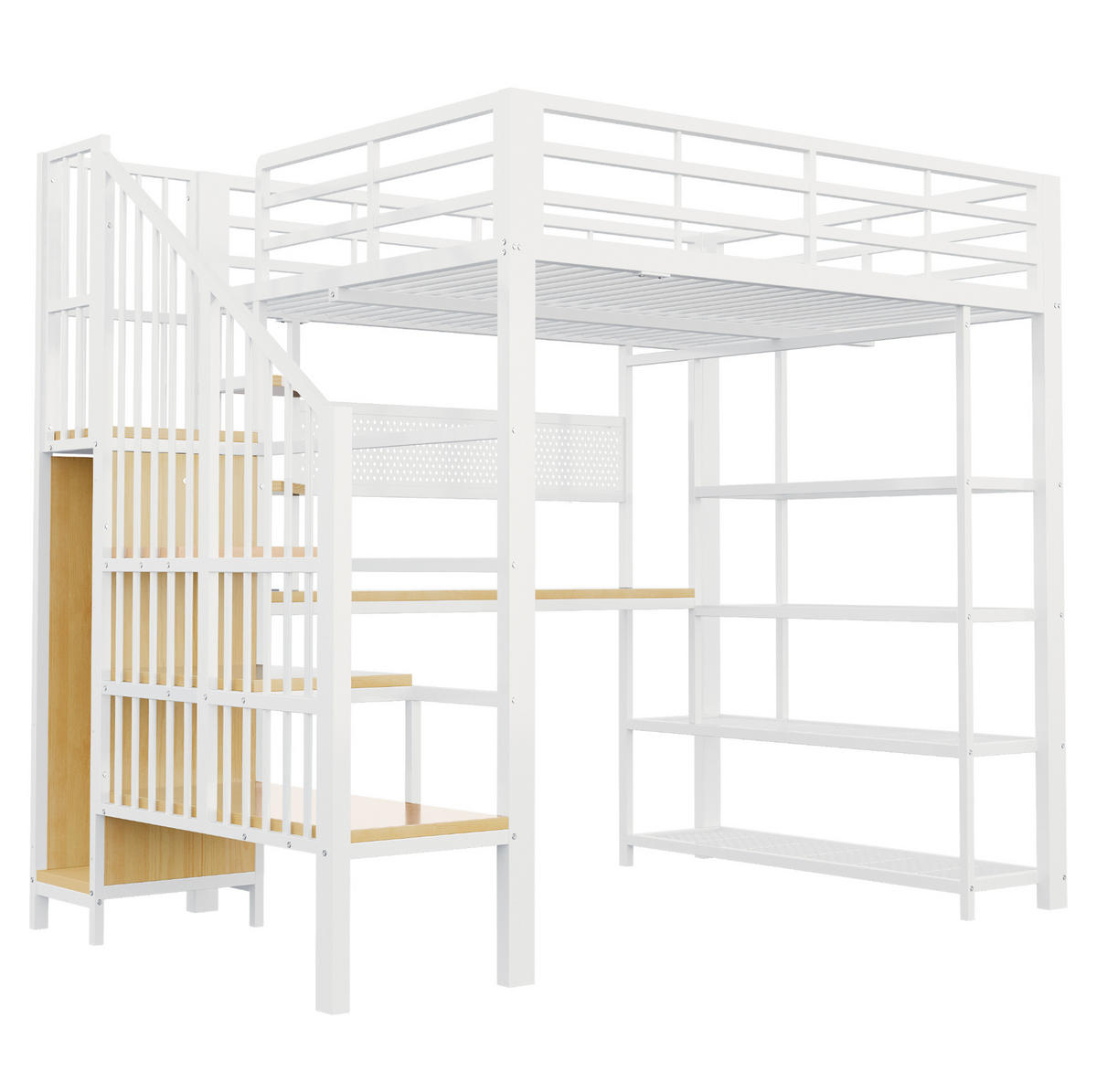 HOCHBETT 140/200 cm aus Metall und Holz mit Staumtreppe LED-Beleuchtung und Schreibtisch Weiß - Weiß, Metall (140/200cm) - Modenvie