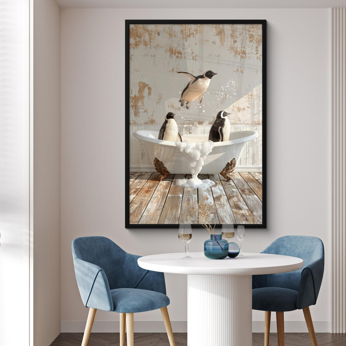 GERAHMTES BILD Vintage - Pinguin - Badewanne - Schaumstoff 80x120 cm - Schwarz, Papier (80/120cm) - MuchoWow