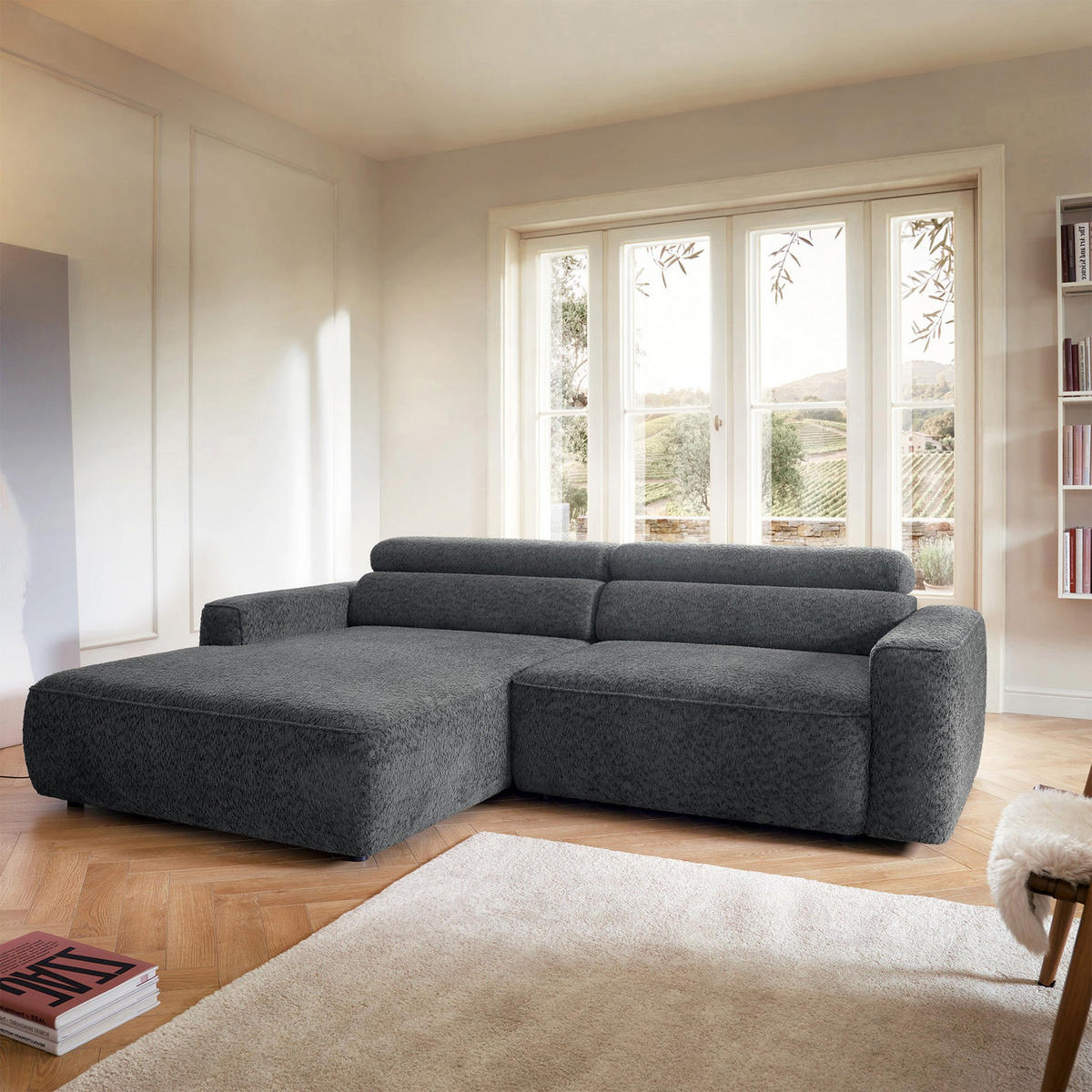 ROHOVÁ pohovka Fando s elektricky výsuvným sedákem, tmavě šedý ženil, levá - černá/tmavě šedá, textil/plast (252/182cm) - Selsey
