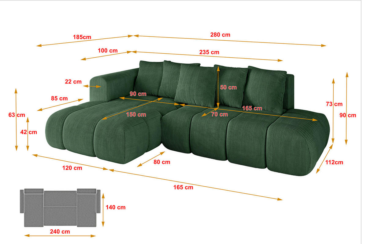 ECKSOFA Ottomane Links CLOUD-L-v1 280x185x90 Grün Cord - Grün, Holzwerkstoff/Kunststoff (180/289cm) - ALTDECOR