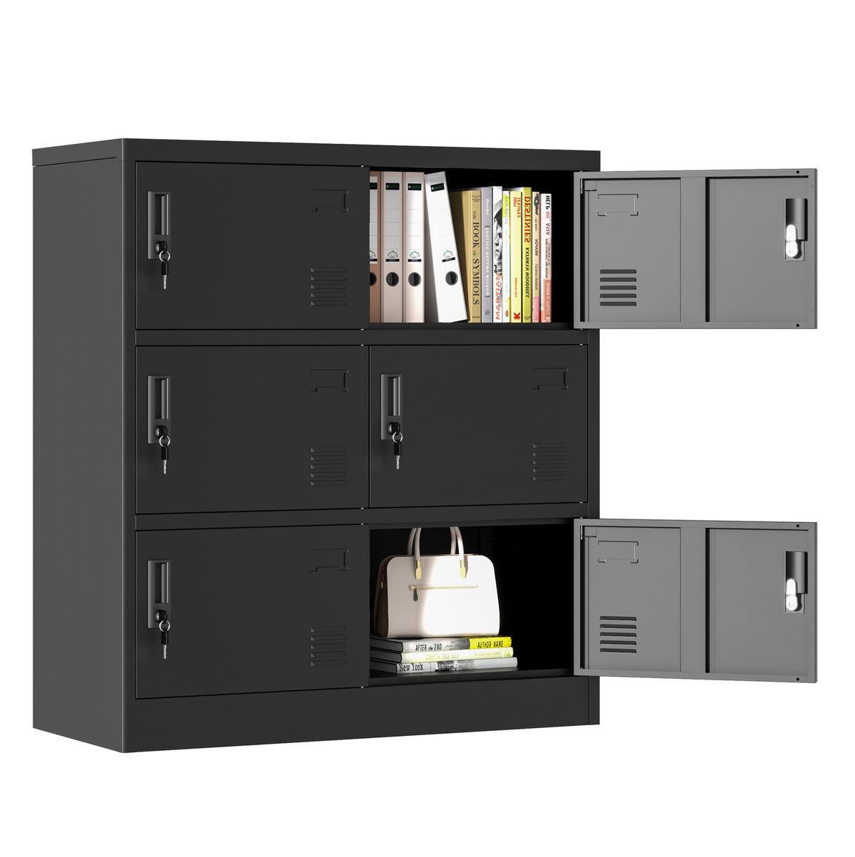 KOMMODE, 6-türiger Metallschrank mit Einzelschlössern und Kartenfächern, 90x40x100 cm, Schwarz - Schwarz, Metall (40/100/90cm) - Modfu
