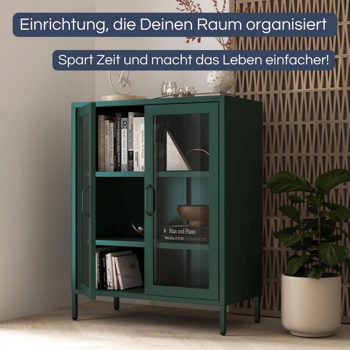 VITRINENSCHRANK Wohnzimmer klein EKER 101,5x80x40cm Dunkelgrün - Dunkelgrün, Metall (80/101.5/40cm) - DELUKE