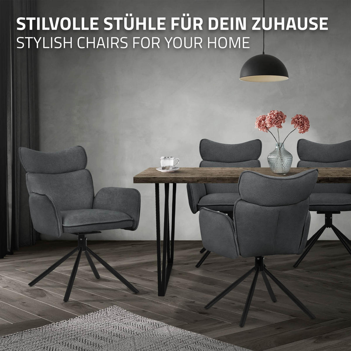 JÍDELNÍ ŽIDLE, sada 6 ks, otočné, antracitové s látkovým potahem - černá/antracitová, kov/textil (63/89/68cm) - ML-DESIGN