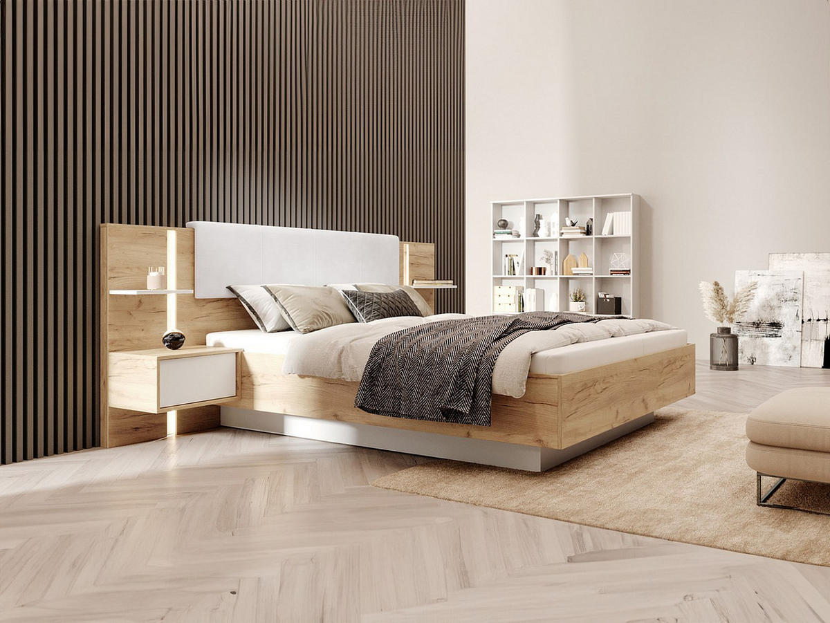 BETTRAHMEN - 2 Personen - samt - naturfarben hell, weiß Elynia - Weiß, Holz/Textil (160/200cm) - Vente-Unique