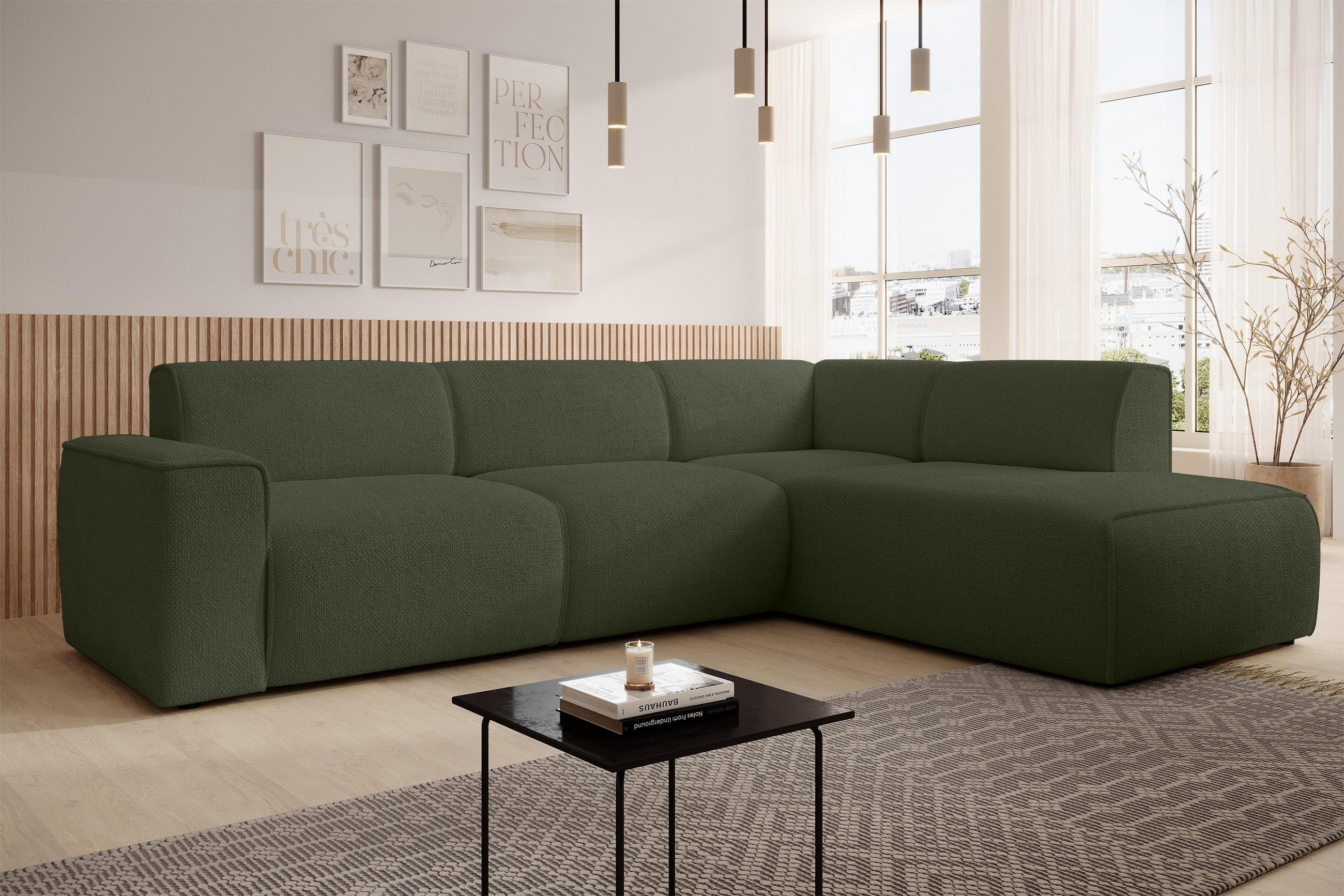 ECKSOFA L Form Didim Grün 292/220/78 cm – großes Sofa stilvoll & bequem R - Schwarz/Grün, Kunststoff/Textil (292/220cm) - AX Living