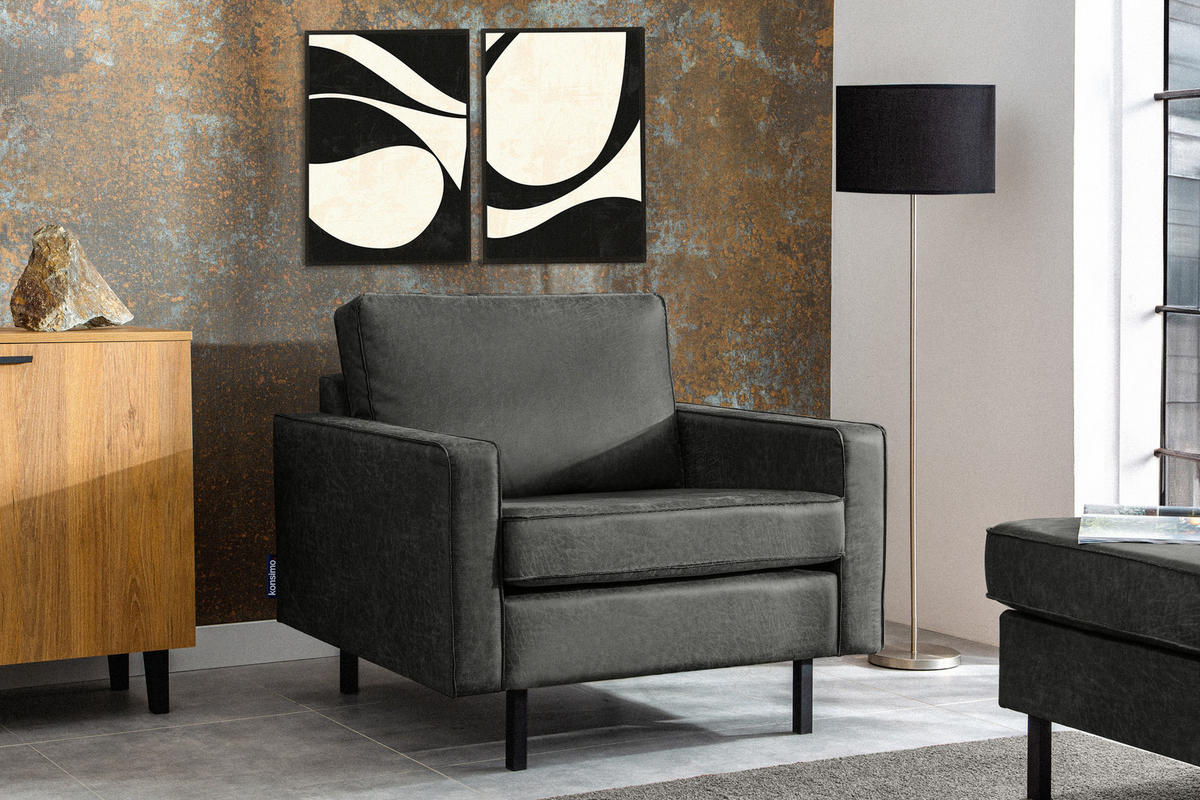 SESSEL INVIA mit Armlehnen auf hohen Metallbeinen vintage, Lederoptik-Stoff, Dunkelgrau - Dunkelgrau/Schwarz, Textil (98/87/98cm) - KONSIMO®