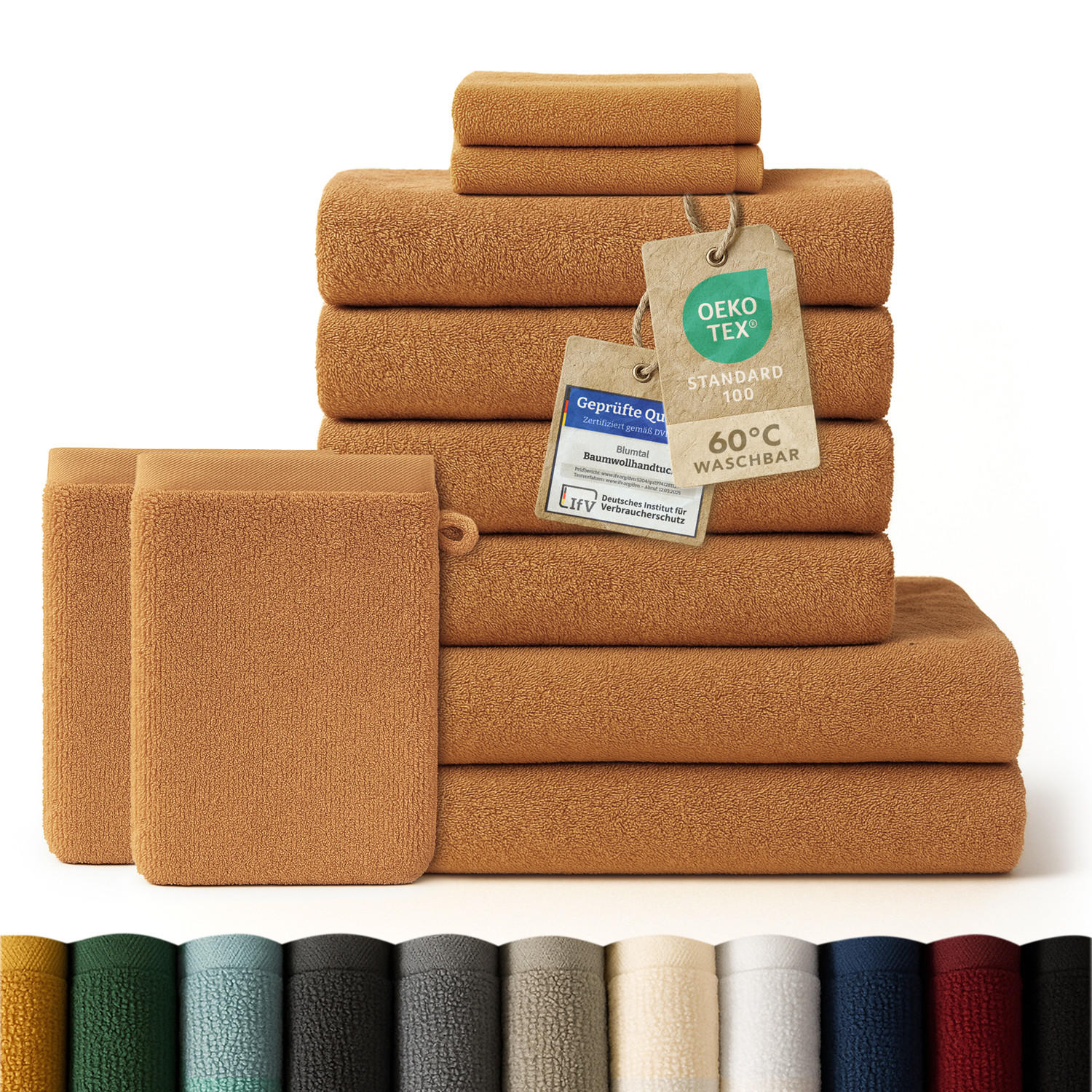 HANDTUCH 8-teilig, 2x Badetuch 70/140 + 4x Handtuch 50/100 + 2x Gästetuch 30/30 + 2x Waschlappen 15/20 cm, Braun - Braun, Textil (70/140cm) - Blumtal