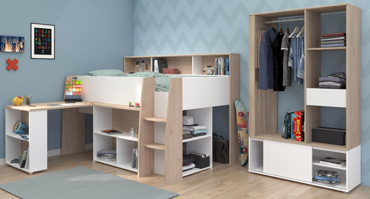 JUGENDZIMMER weiß, Eiche, Komplett-Set 2-teilig mit viel Stauraum - Eichefarben/Silberfarben, Holzwerkstoff/Kunststoff (133/183/209cm) - Parisot Meuble