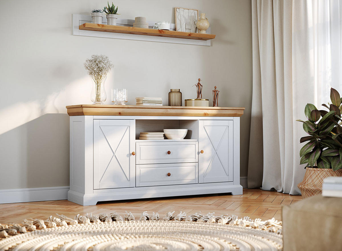 KOMMODE Marone Elite Weiß / Kiefer Natur 166 / 41 / 85cm - Weiß/Kieferfarben, Holz (166/85/41cm) - Feldmann-Wohnen