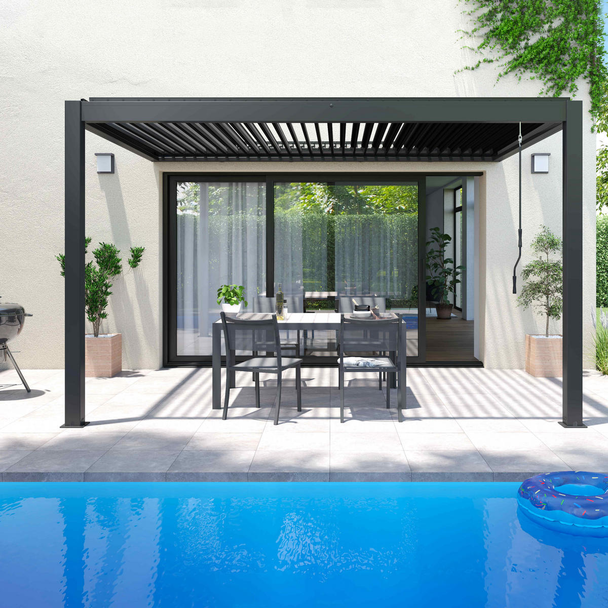 PERGOLA 3x4 m, mit 3 Markisen, Grau - Grau, Metall (281/257/403cm) - Oviala