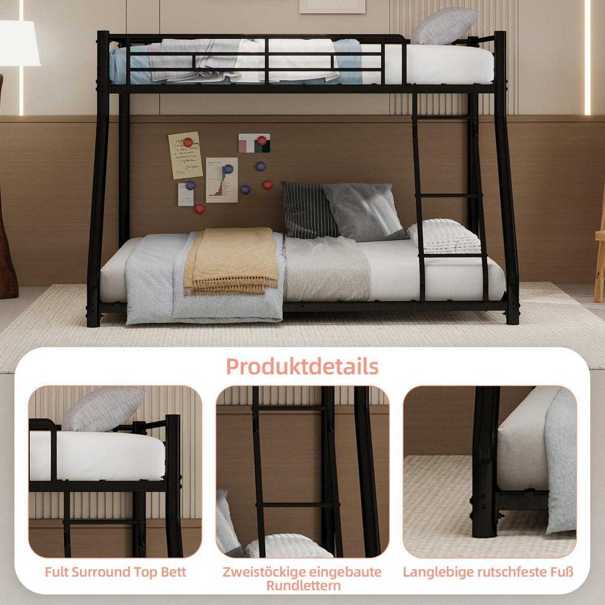 ETAGENBETT Twin-over-Full Metall - Schwarz, Metall (140/190cm) - ComfortXL