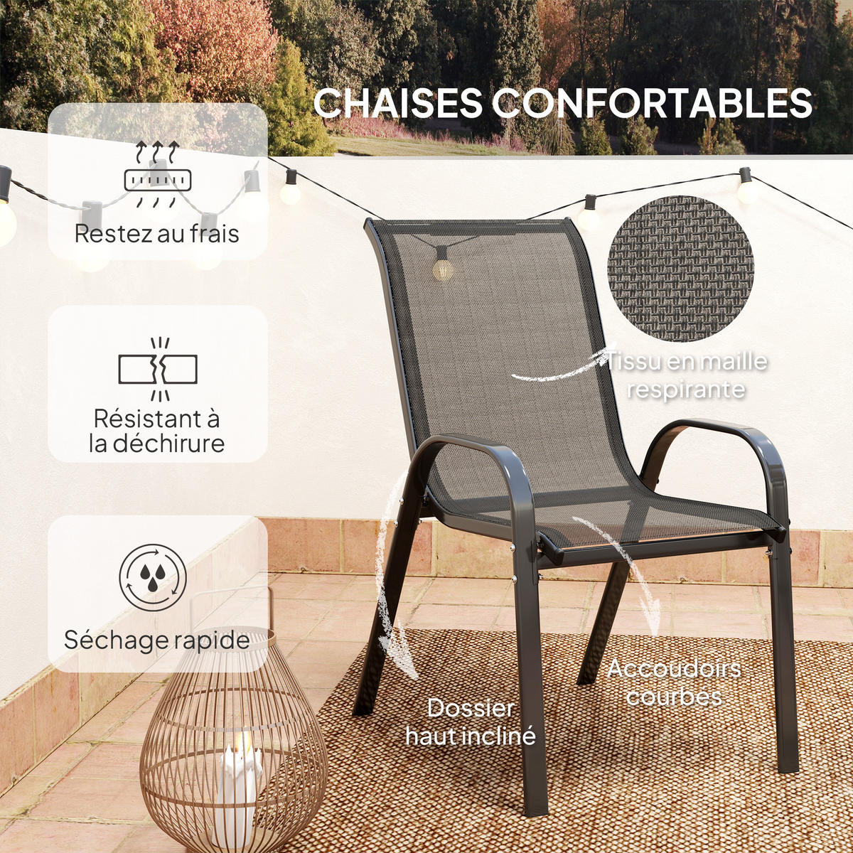 BALKONSET 3-teilig DE-14105 2 Stapelsessel, Glastisch Schwarz - Schwarz, Metall - ComfortXL