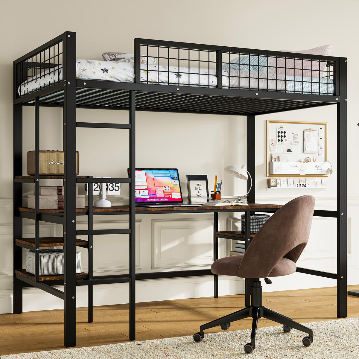 ETAGENBETT 90/200 cm schwarz aus Metall und Spanplatte mit Tisch und Regalen - Schwarz, Metall (90/200cm) - OKWISH