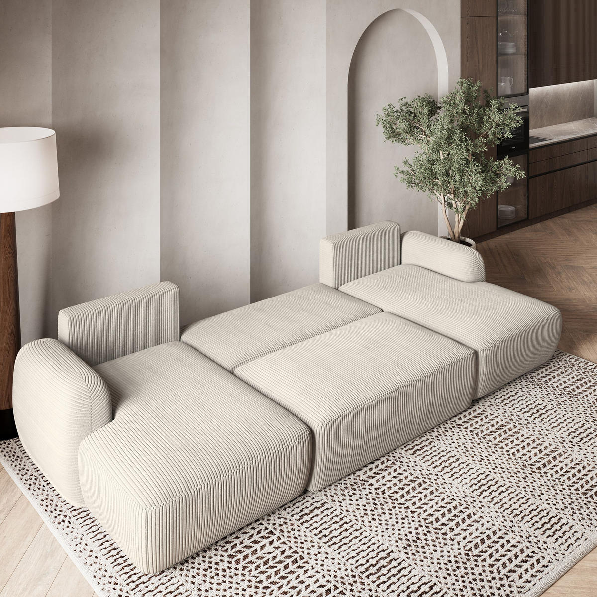 WOHNLANDSCHAFT SAVONA P Creme Kordstoff mit Schlaffunktion - Creme, Holz (320/90/148cm) - MASSENO