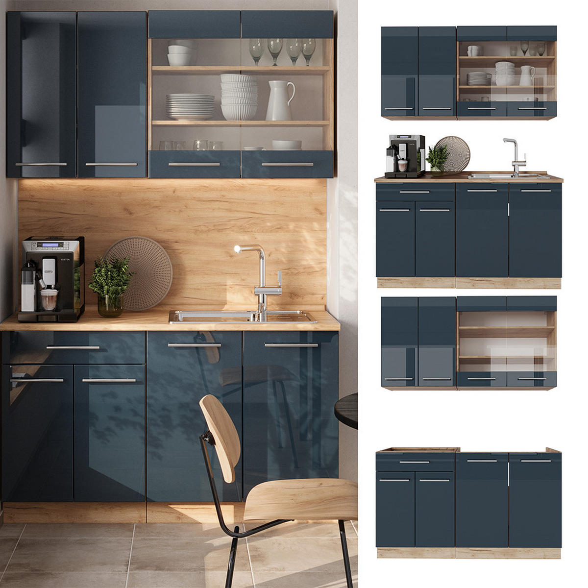 SINGLEKÜCHE Fame-Line Dunkelblau Hochglanz/Goldkraft Eiche 140 cm AP Anthrazit - Eiche Wotan/Dunkelblau, Holzwerkstoff (140/81.6/60cm) - Vicco