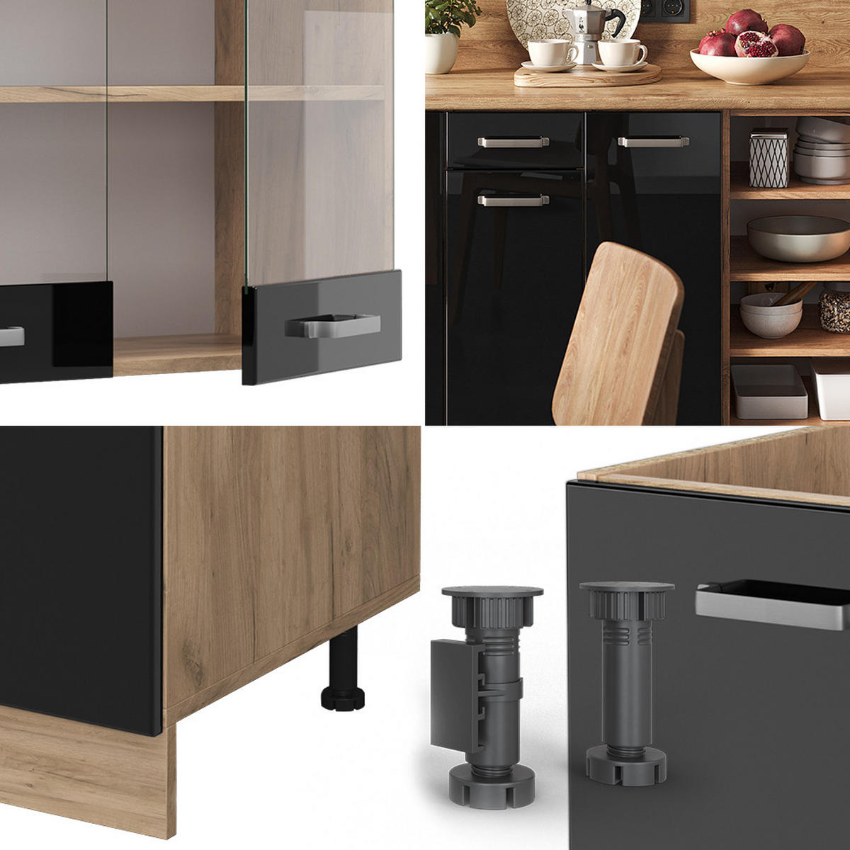 KÜCHENZEILE R-Line Schwarz Hochglanz/Goldkraft Eiche 240 cm, AP Marmor - Schwarz Hochglanz/Eiche Wotan, Holzwerkstoff (240/81.6/60cm) - Vicco