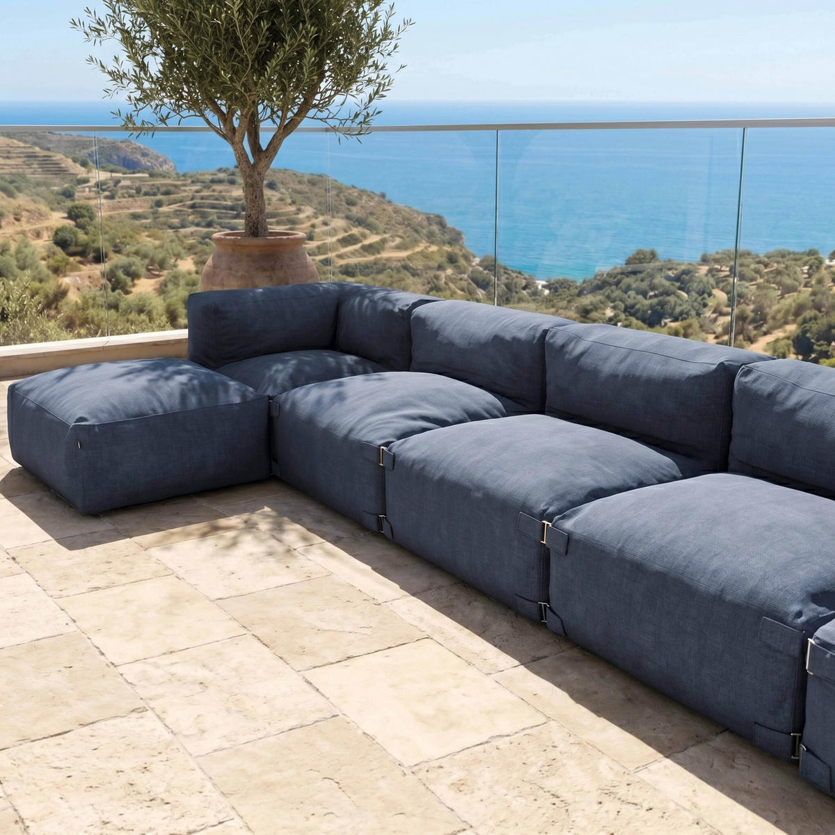 GARTENSOFA mit 6 Sitzplätzen, Pazifikblau - Blau, Textil - Oviala