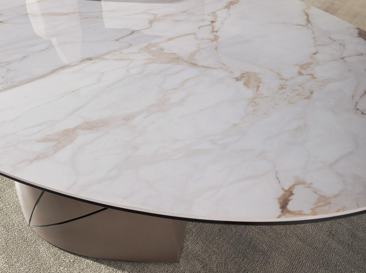 OVALER Esstisch aus Keramikmarmor und taupefarbenem Metallstahl - Taupe/Gelb, Keramik/Stein (120/240/76cm) - ANGEL CERDA