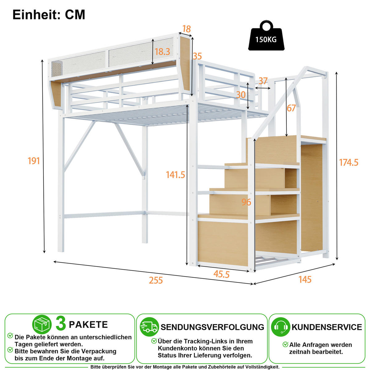 VYSOKÁ POSTEL 140/200 cm v bílé barvě se žebříkem a policí - bílá, kov/kompozitní dřevo (140/200cm) - CHICFURN