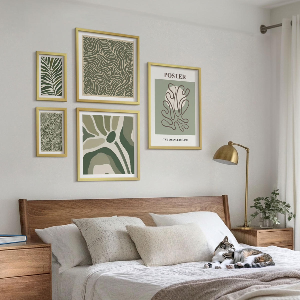 WANDBILDER 5er Set - 50x50 cm & 20x30 cm & 40x60 cm Goldrahmen - Blattmuster und wellenförmige Formen - Goldfarben, Kunststoff (40/60cm) - ArtPrintCave