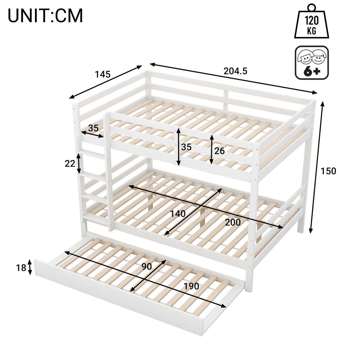 ETAGENBETT 140/200 cm mit Ausziehbett, hoher Absturzsicherung und Treppe, Kiefer & MDF, Weiß - Weiß, Holzwerkstoff (140/200cm) - Redom