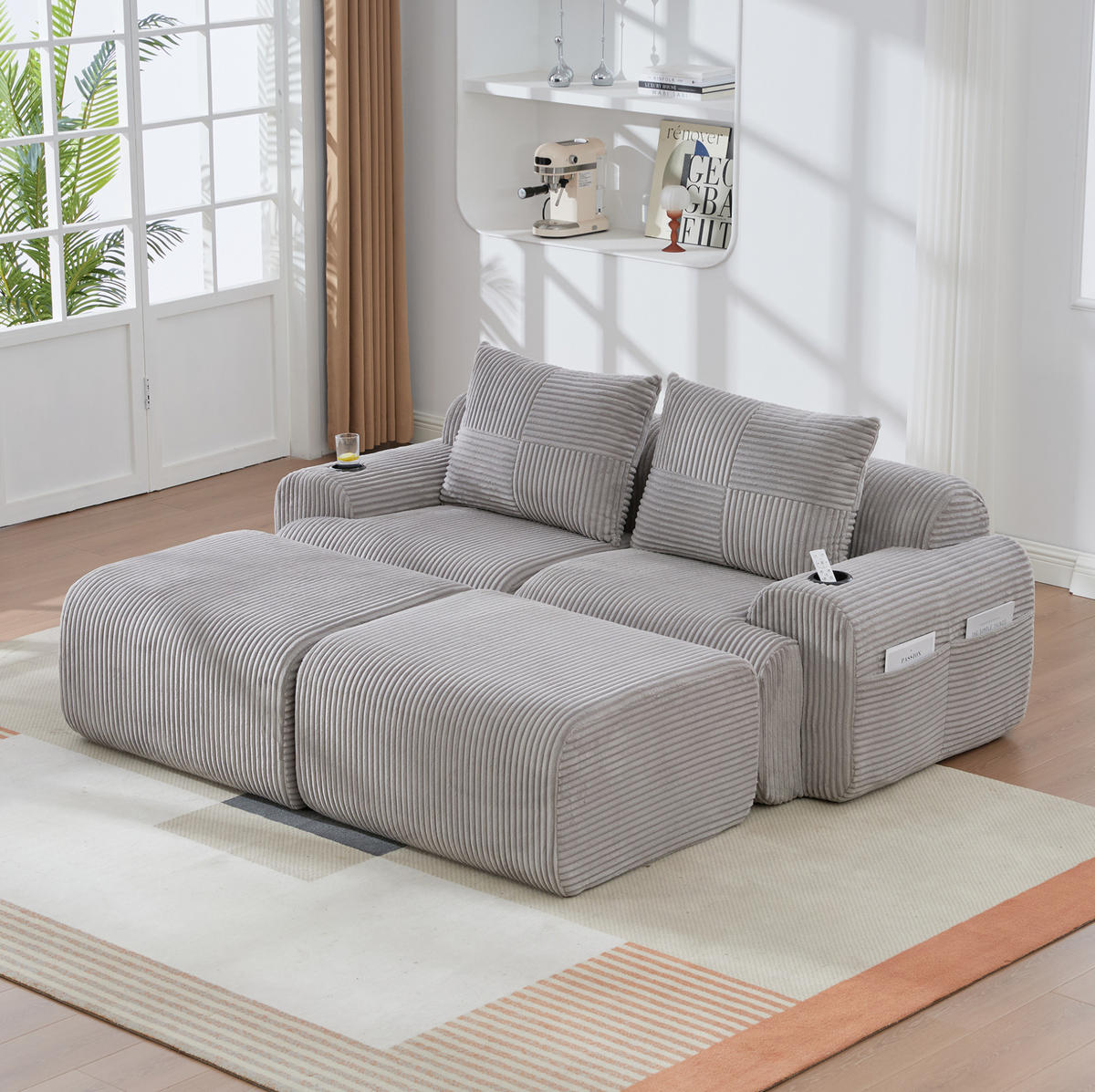 MODULARES 2-Sitzer Sofa Cord mit Getränkehalter und Seitentasche 200/174/80 cm Hellgrau - Hellgrau, Textil (174/80/200cm) - Redom