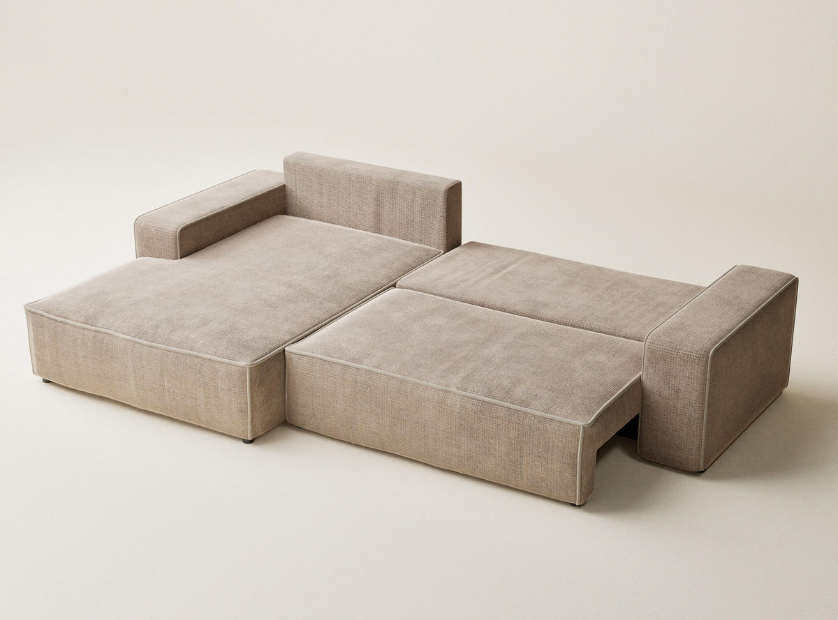ECKSOFA MIT SCHLAFFUNKTION Modo Creme Chenille-Stoff - Links Seite - Beige/Schwarz, Holz/Holzwerkstoff (185/294cm) - Maison de Reve