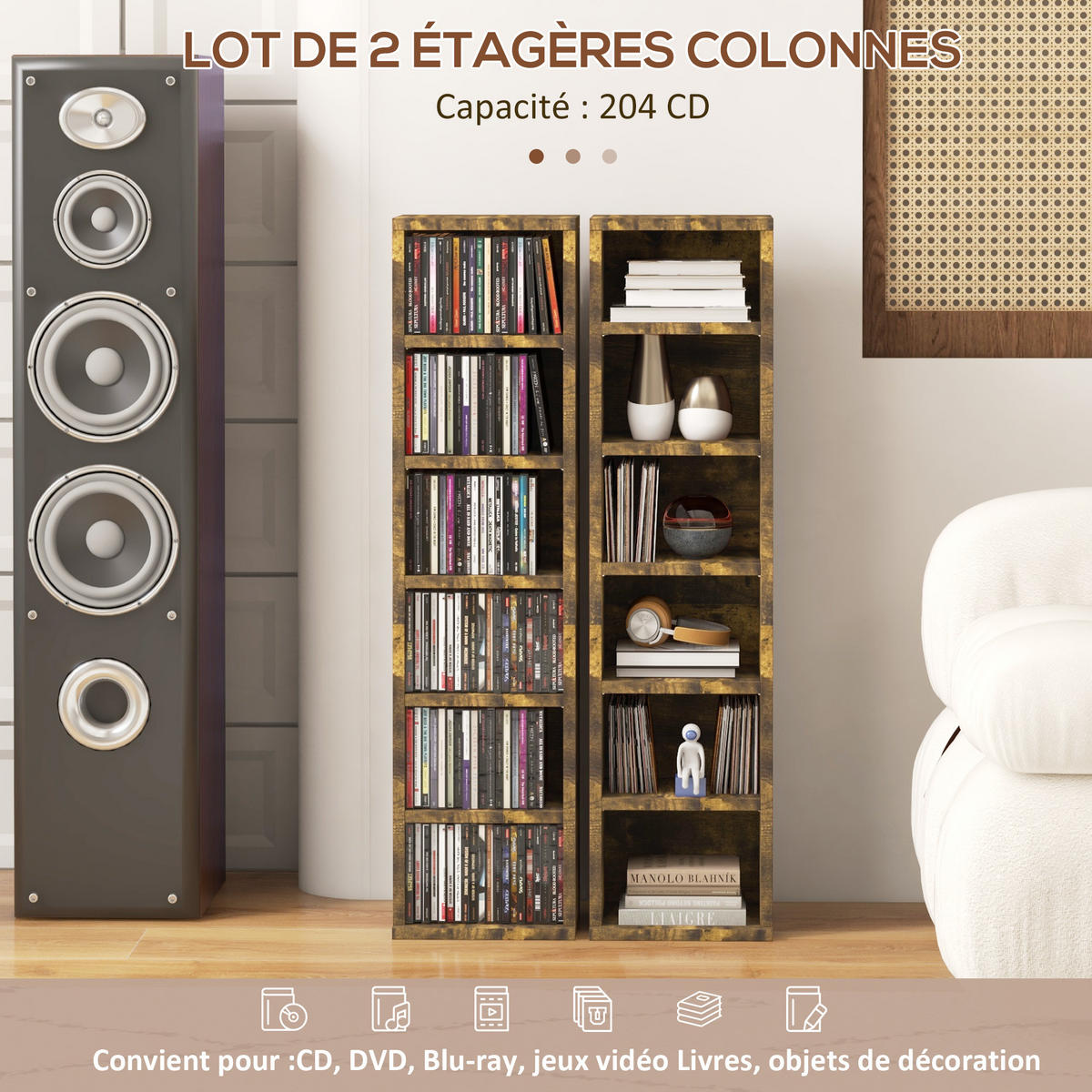 CD-REGAL 2er-Set DE-14441 12 Fächer für 204 CDs Rustikales Braun - Braun, Holzwerkstoff (22.5/88.5/21cm) - ComfortXL