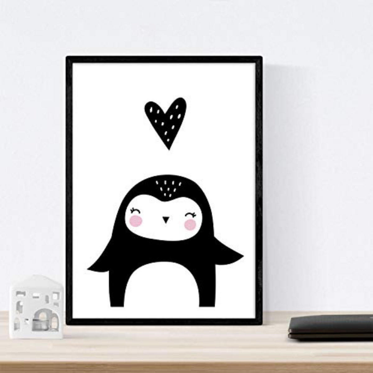 POSTER Set mit 4 Fuchs, Leon, Wal und Pinguin Tieren A4 Schwarzer Rahmen - Schwarz, Papier (29.7/3cm) - Nacnic