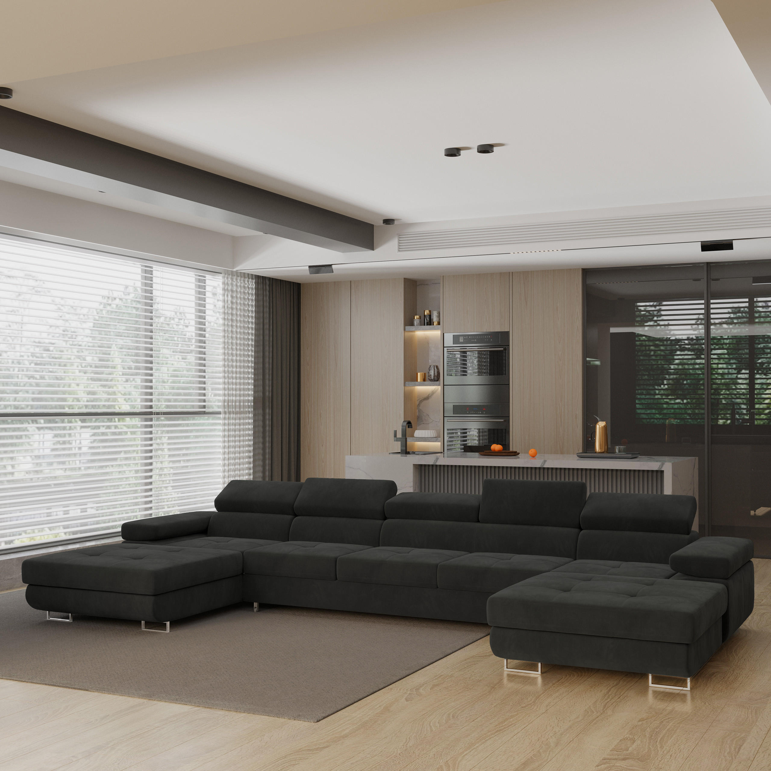 WOHNLANDSCHAFT OMBRA Schwarz Velours-Stoff mit Schlaffunktion - Schwarz, Holz (425/90/202cm) - MASSENO