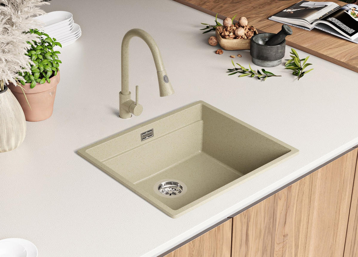 GRANITSPÜLE Praga Slim, 2-er set Beige 56/47 cm 1 Becken + Küchenarmatur 40/20 cm + Ablauf-Set + Aufrollbare Abtropffläche ab 60er Unterschrank - Chromfarben/Beige, Kunststoff (56/20/47cm) - Primagran