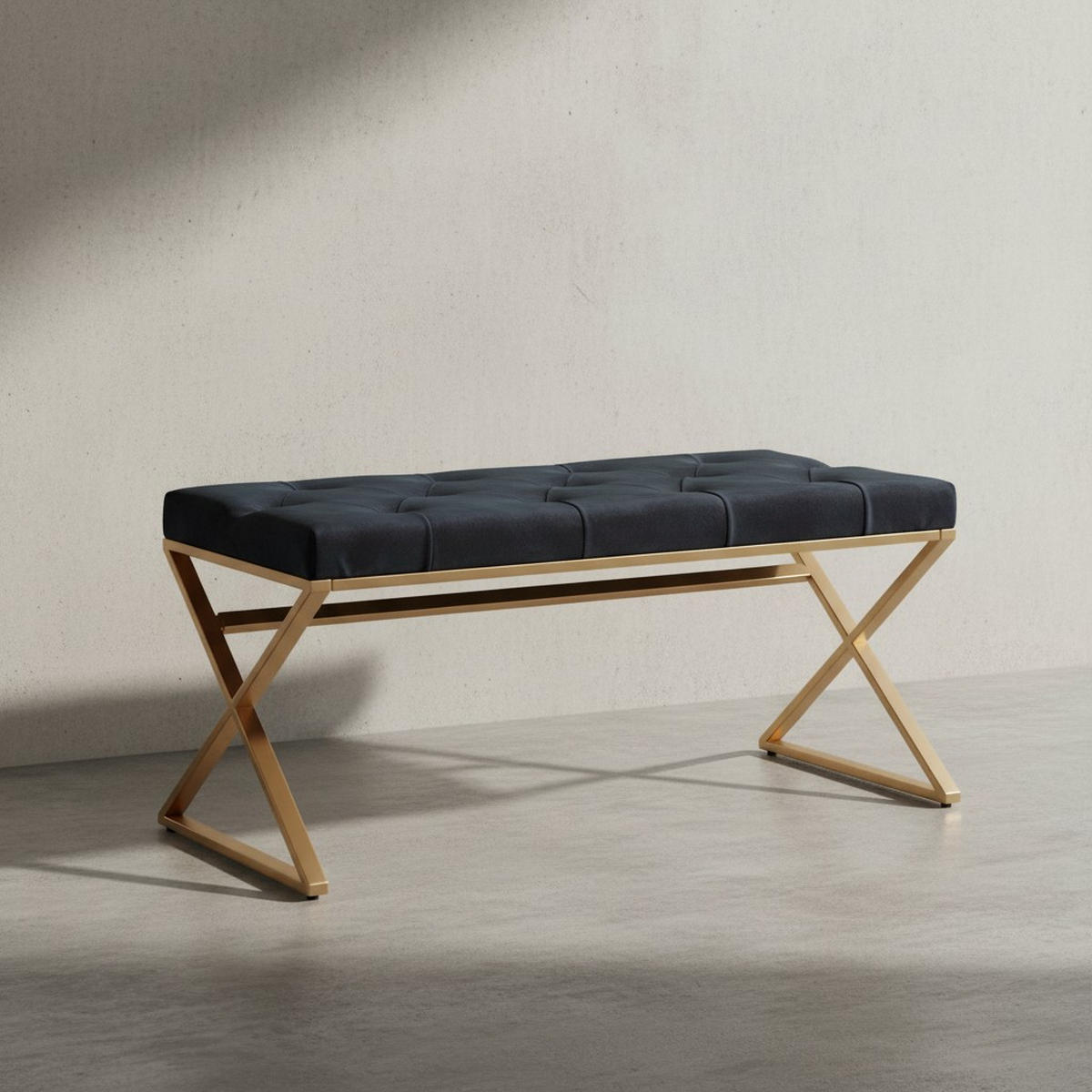 SITZBANK – Samt, Schwarz, Chesterfield-Stil, Metallgestell Gold - Goldfarben/Schwarz, Textil/Metall (90/46/44cm) - KADIMA DESIGN