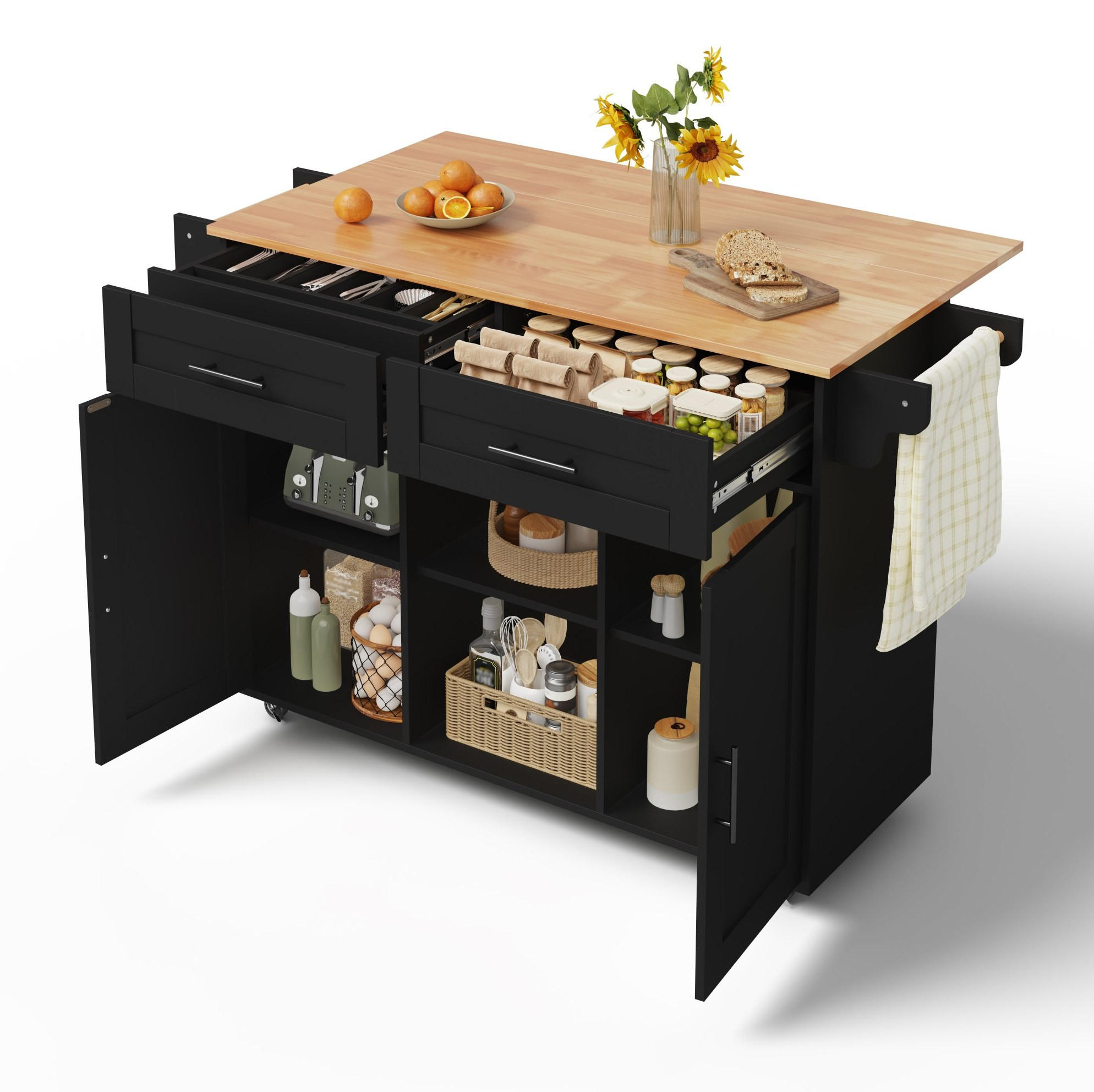 KÜCHENINSEL 145/70/94,5 cm schwarz aus MDF mit Klappplatte - Schwarz, Holzwerkstoff (145/94.5/70cm) - OKWISH