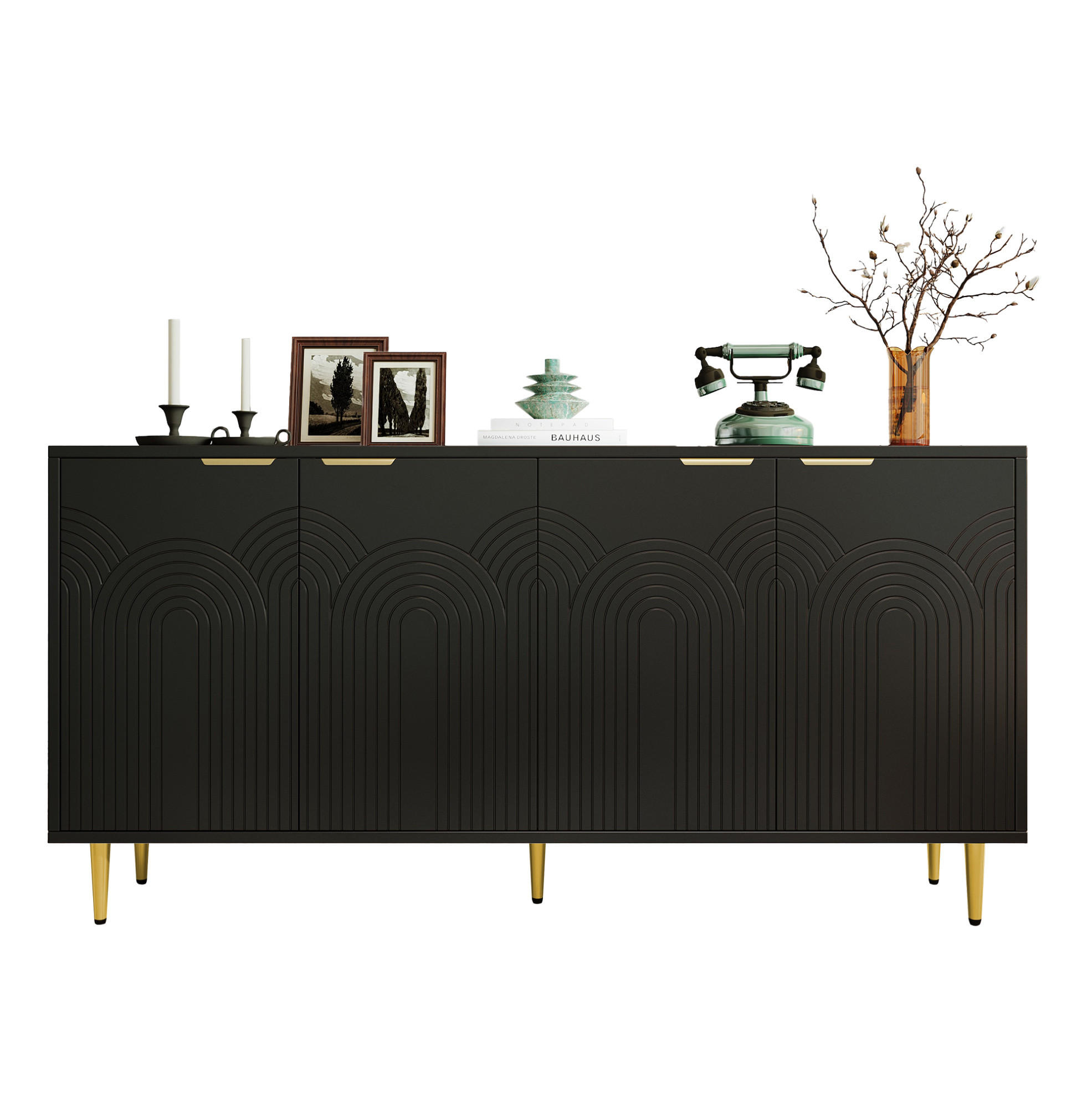 SIDEBOARD 160/40/80 cm in Schwarz mit 4 Türen und verstellbaren Einlegeböden - Schwarz, Holzwerkstoff (160/80/40cm) - Flora Grace