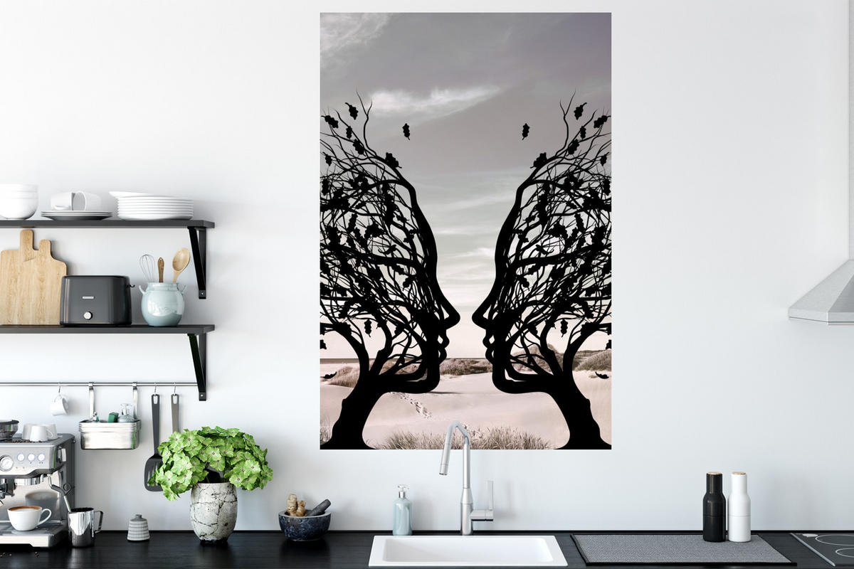 WANDTATTOO Strand - Meer - Menschen - Baum - Moderne Kunst 80x120 cm - Hellgrau, Kunststoff (80/120/0.1cm) - MuchoWow