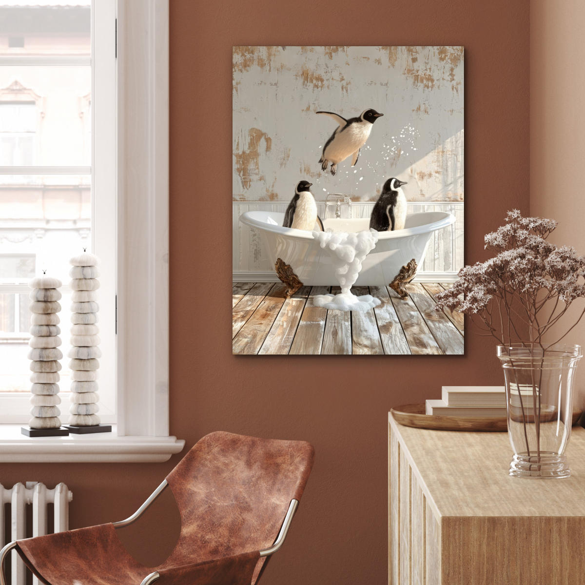 KOVOVÝ OBRAZ Vintage - Tučniak - Vaňa - Pena 60x80 cm - čierna, kov (60/80cm) - MuchoWow