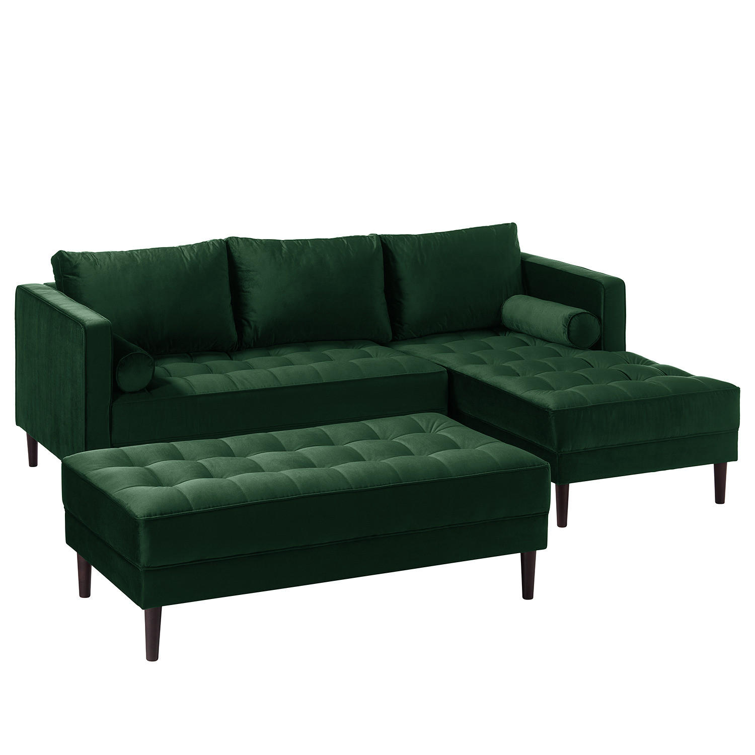 ECKSOFA - Samt - Dunkelgrün/Dunkelbraun, Birkenholz/Textil (201/155cm) - home24