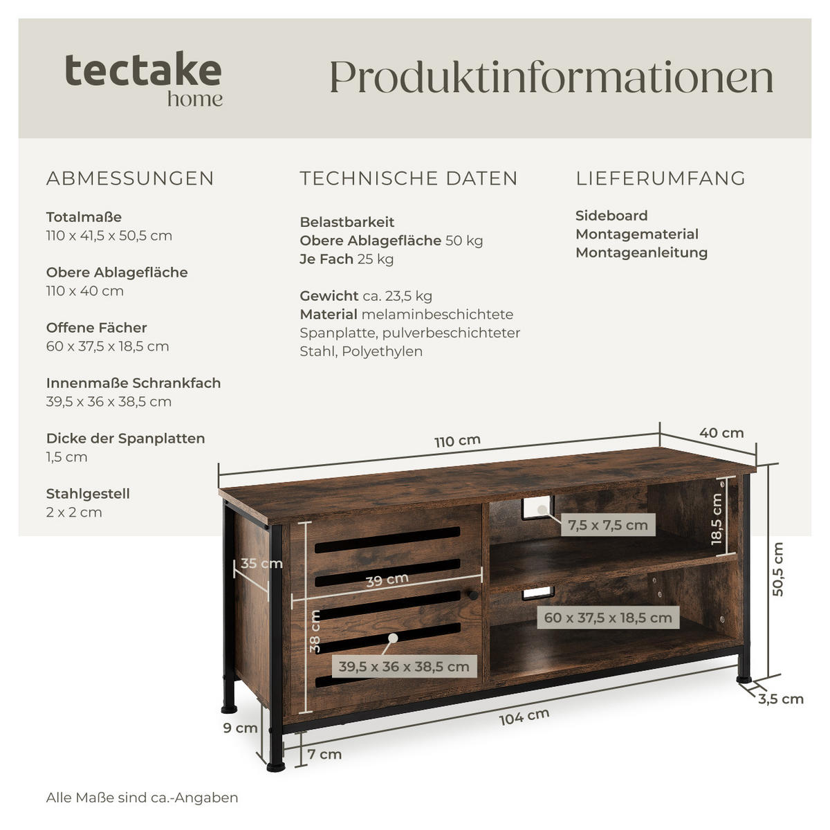 TV-BOARD Galway,110 x 41,5 x 50,5 cm,Industrial Holz dunkel, rustikal - Rostfarben, Holzwerkstoff (41.5/50.5/110cm) - tectake