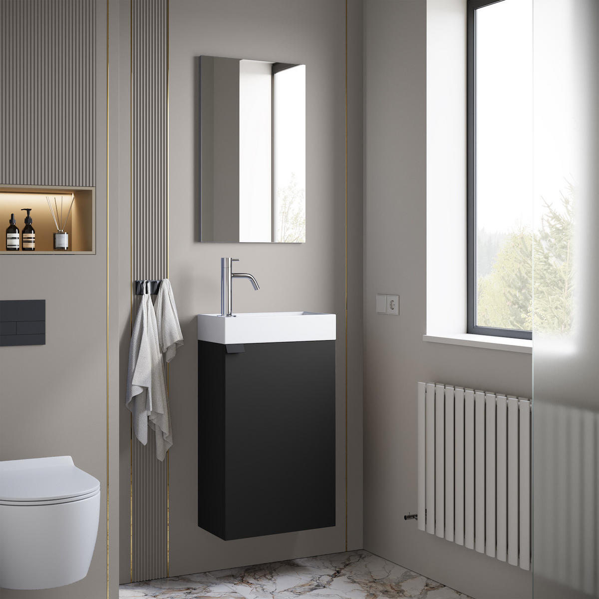 GÄSTE-WC-MÖBELSET Apollo 2 Teile Schwarz Matt - 40 x 22 x 64 cm - Schwarz, Holz (40/68/22cm) - Badplaats