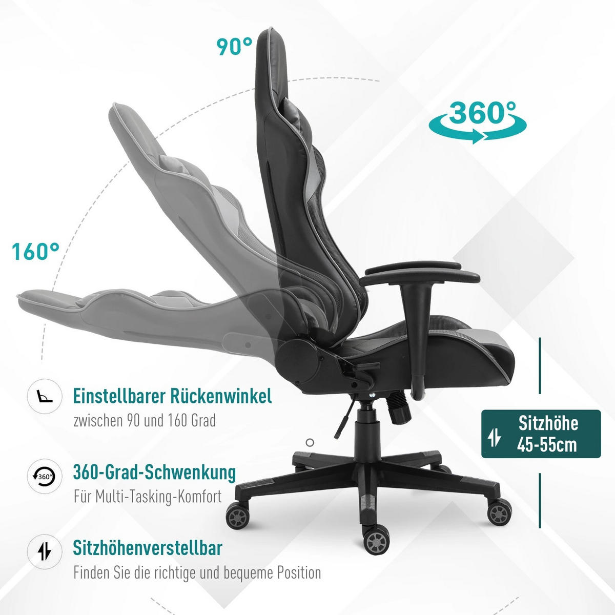 GAMING Stuhl, ergonomischer Bürodrehstuhl mit Kopf- und Lendenkissen, neigbarer Rückenlehne, Schwarz - Schwarz, Leder (53/126/67.5cm) - BRILVERDE