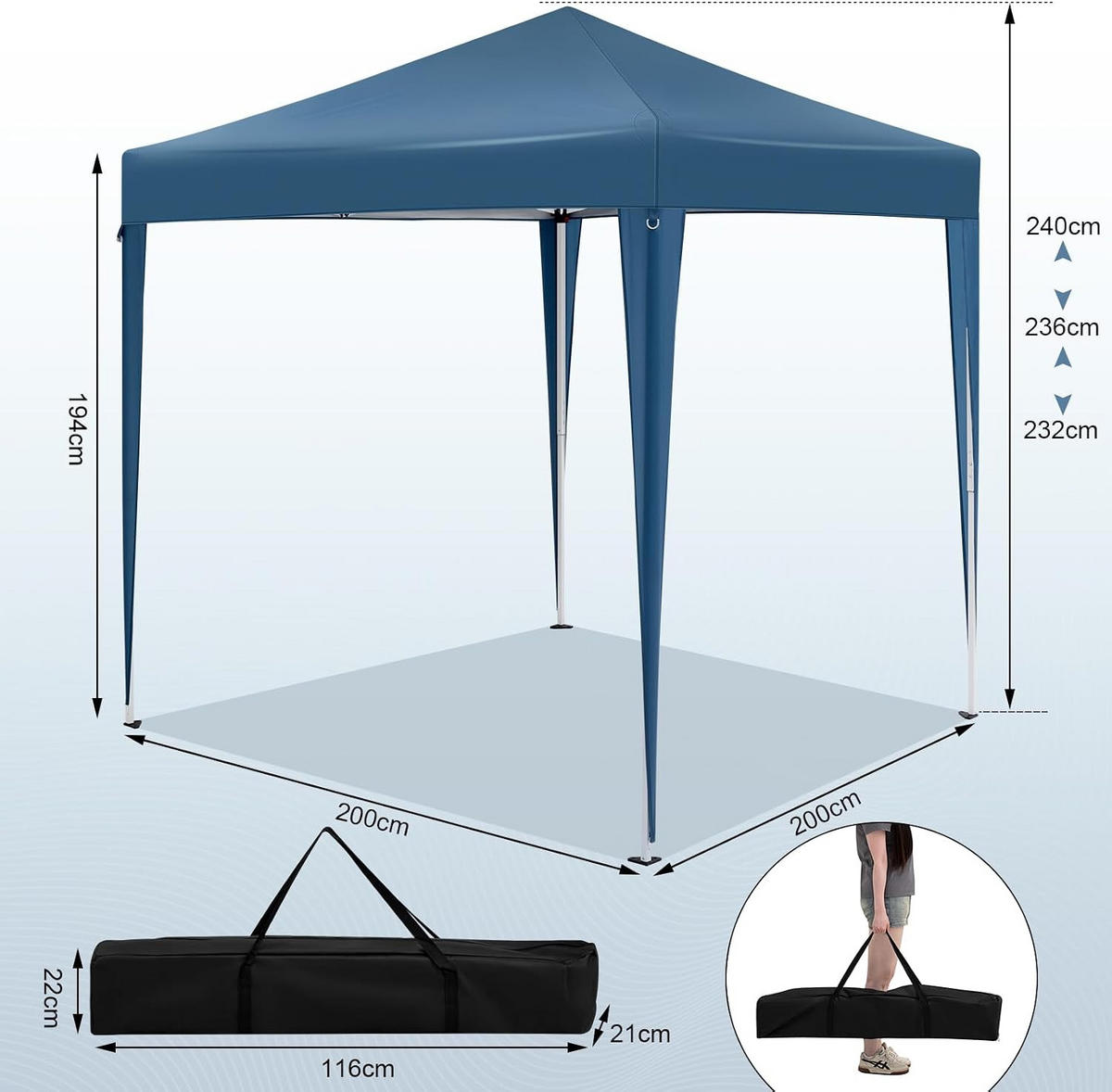 PAVILLON 2x2m mit 4 Seitenwänden UPF 50+ UV Schutz Blau - Blau, Kunststoff/Metall (200/240/200cm) - Woltu