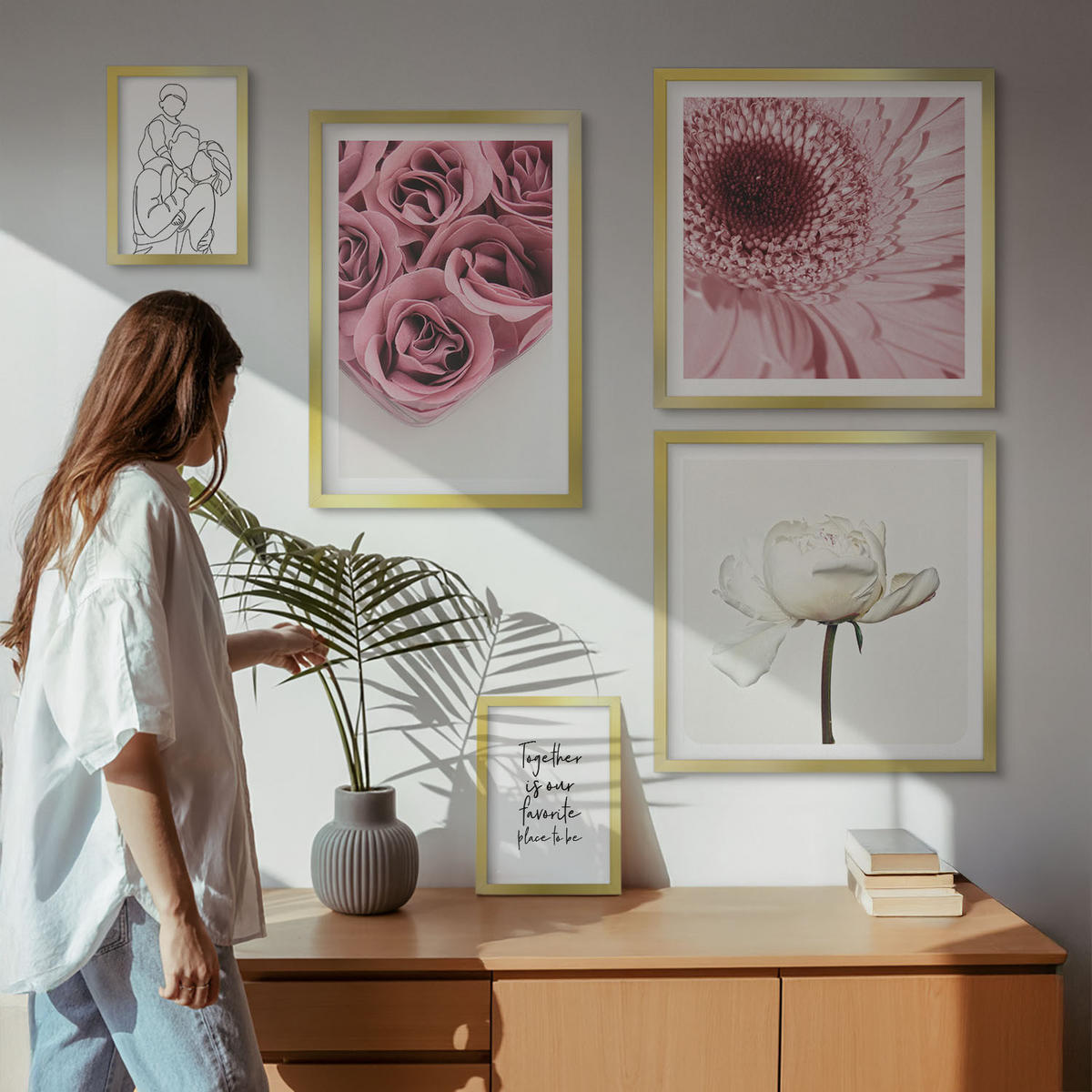 WANDBILDER 5er Set - 50x50 cm & 20x30 cm & 40x60 cm Goldrahmen - Rosensträuße als Familienzeichnung - Goldfarben, Kunststoff (40/60cm) - ArtPrintCave