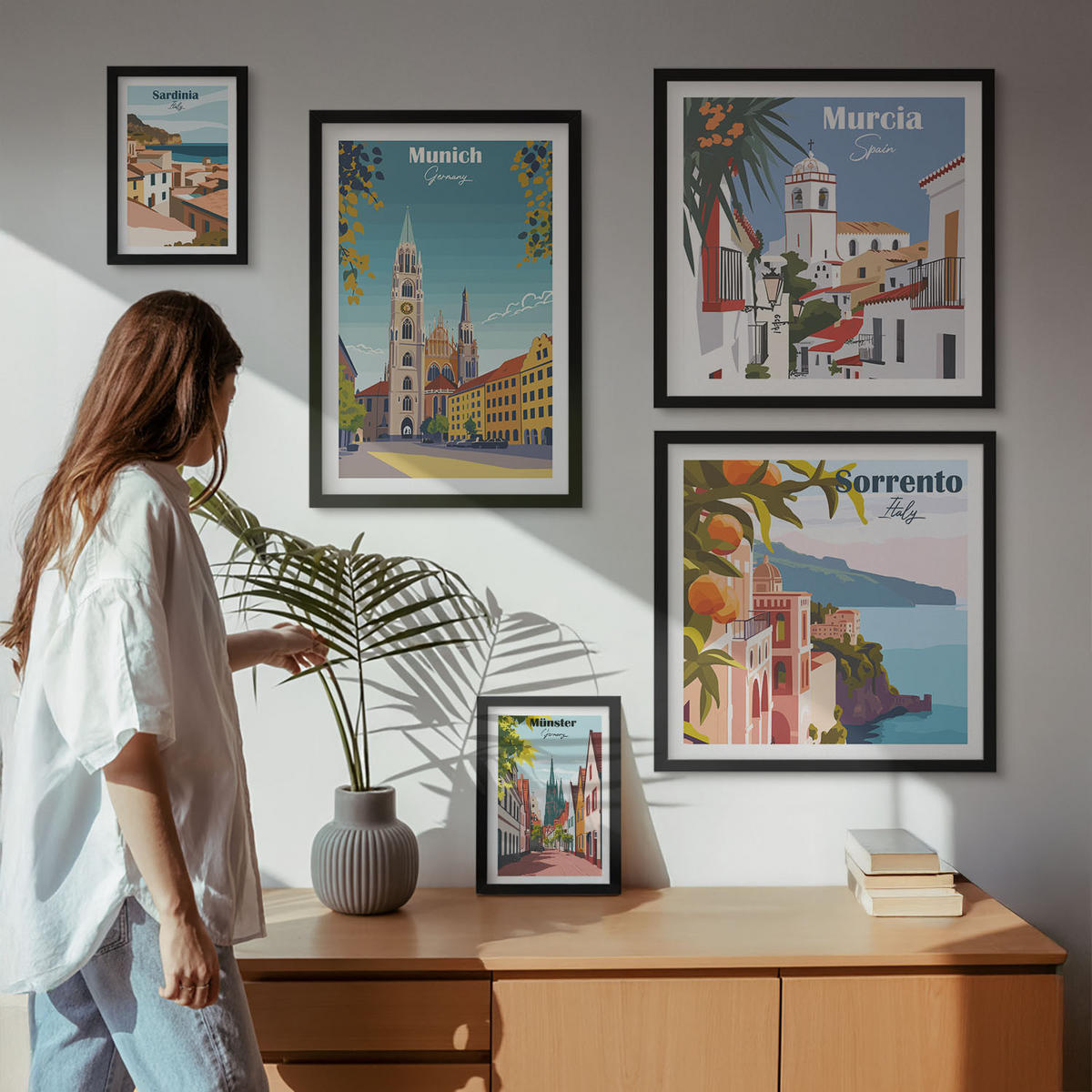 WANDBILDER 5er-Set - 50x50 cm & 20x30 cm & 40x60 cm Schwarzer Rahmen - Retro-Stadtillustrationen - Schwarz, Kunststoff (40/60cm) - ArtPrintCave