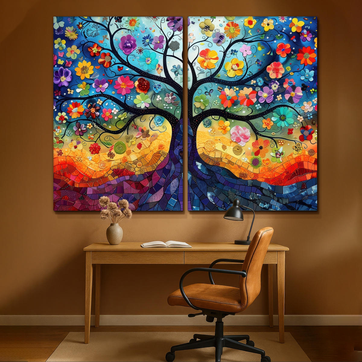 LEINWANDBILD 2er Set Bunt - Baum des Lebens - Blumen - Abstrakt 240x180 cm - Blau, Textil (240/180cm) - MuchoWow