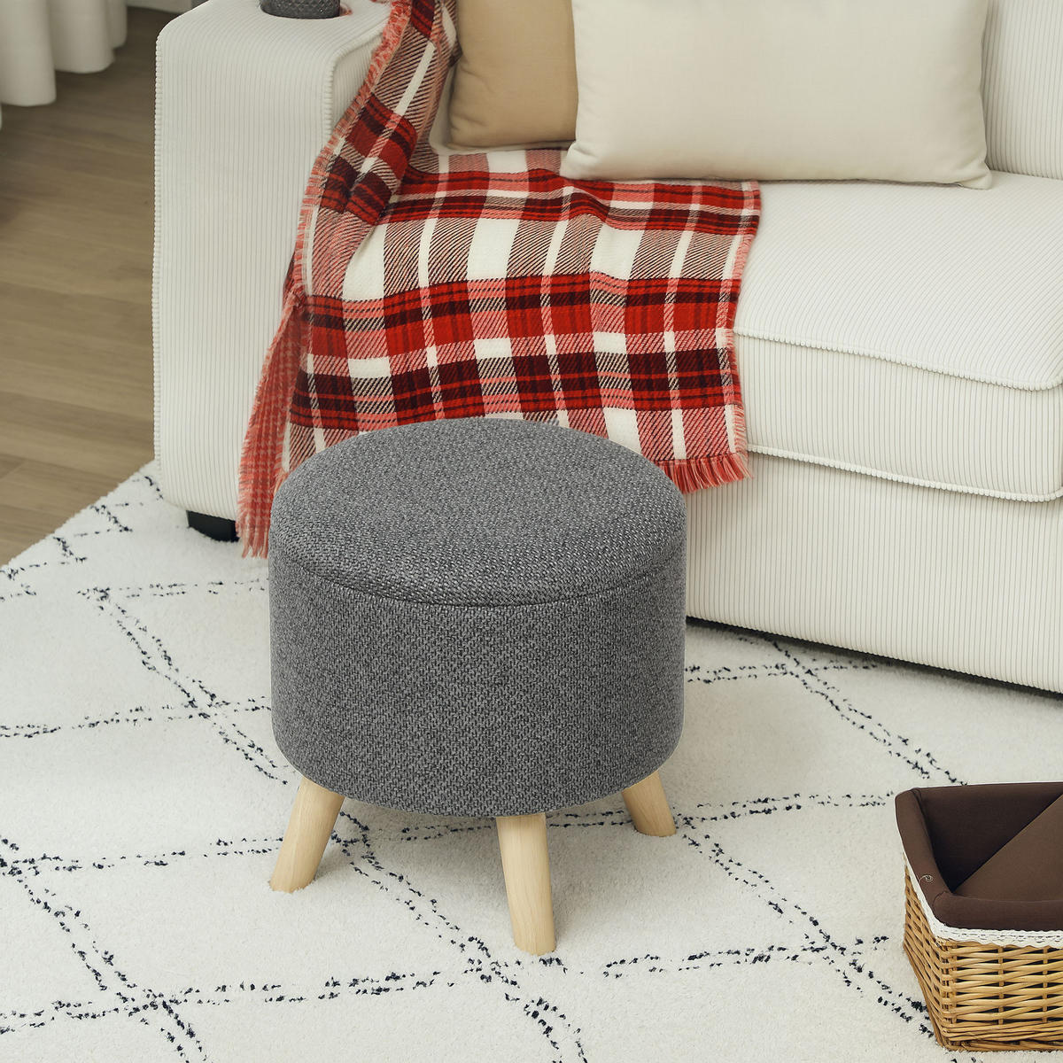 POUF DE-16378 runder Sitzhocker mit Stauraum und Holzbeinen Grau - Grau, Textil (39/40/39cm) - ComfortXL