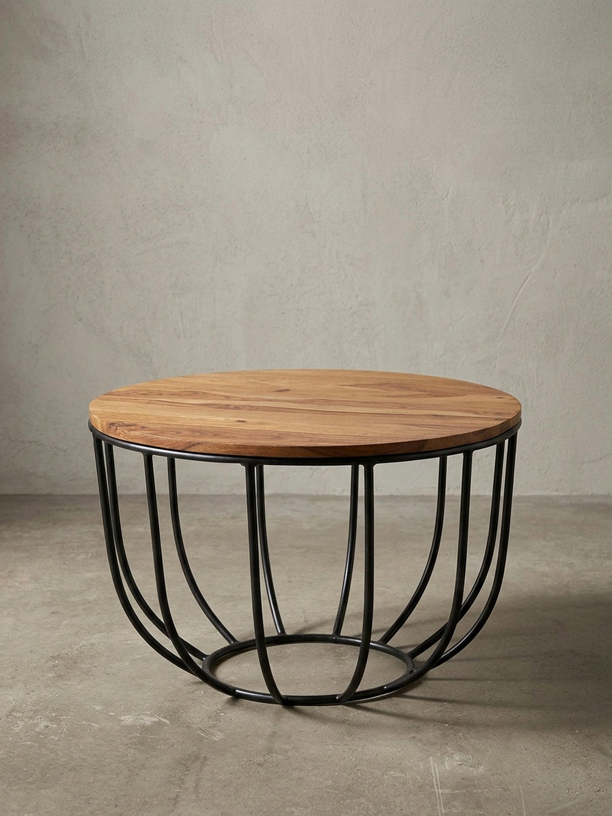 COUCHTISCH in Industrial-Stil, Sheesham Massivholz, Metallgestell, Korbdesign, Rustikal - Schwarz/Braun, Holz/Metall (60/60/39cm) - KADIMA DESIGN